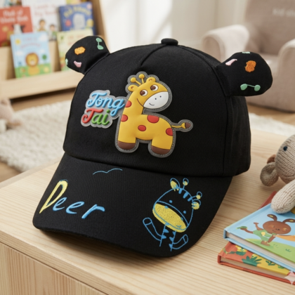 black cartoon-themed children’s baseball cap featuring embroidered giraffe designs and small attached ears
