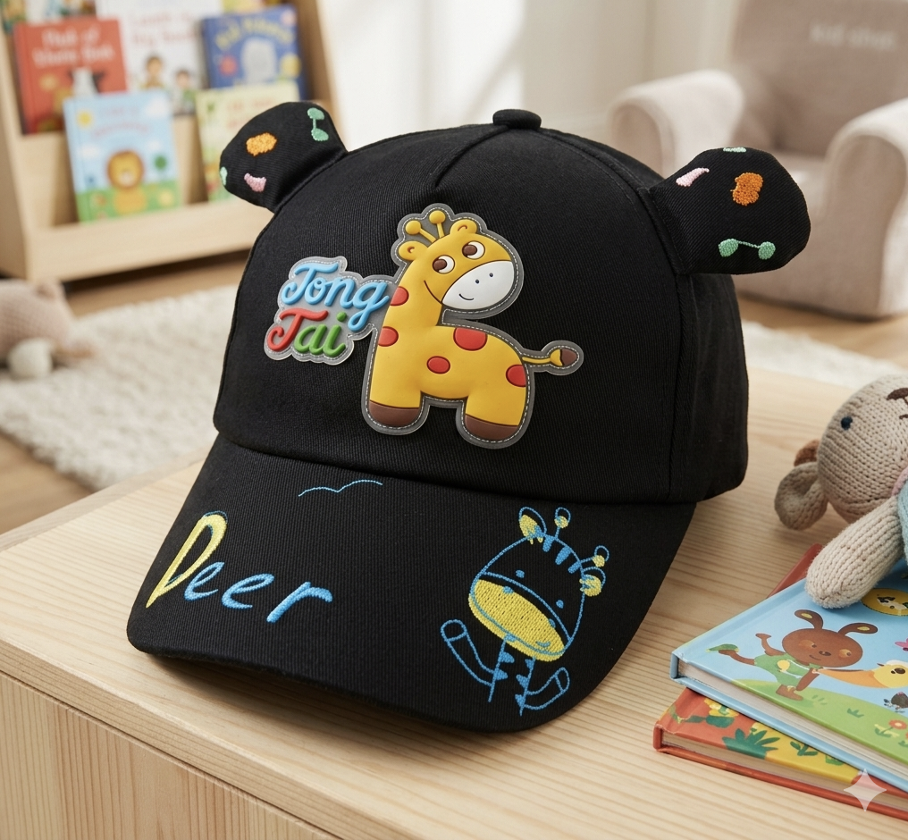 black cartoon-themed children's baseball cap featuring embroidered giraffe designs and small attached ears