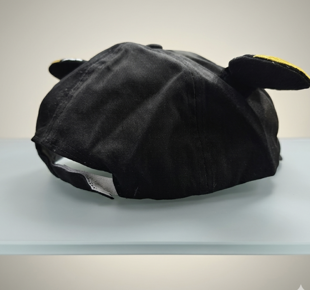 black cartoon-themed children's baseball cap featuring embroidered giraffe designs and small attached ears - Image 2
